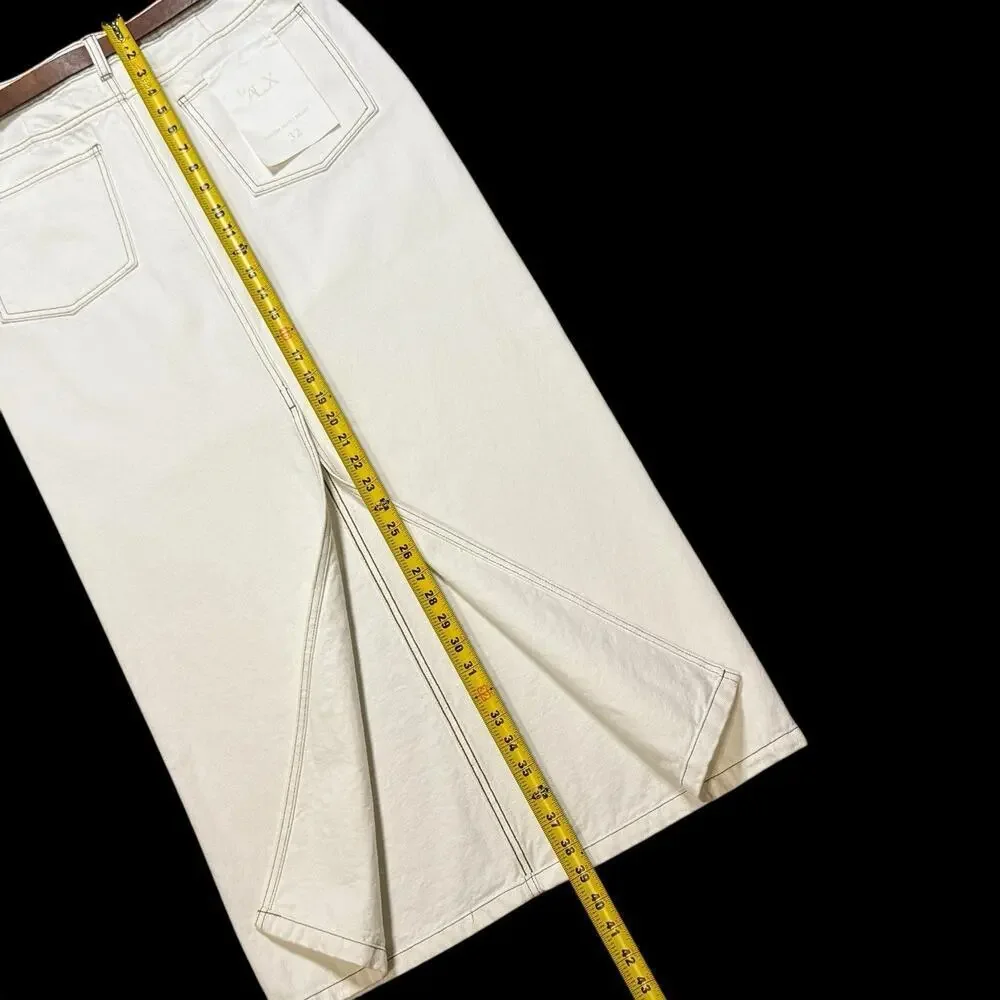 NEW Le' AL.X Ivory White Denim Pencil Maxi Skirt Contrast Stitch Back Slit 32 - Picture 6 of 12